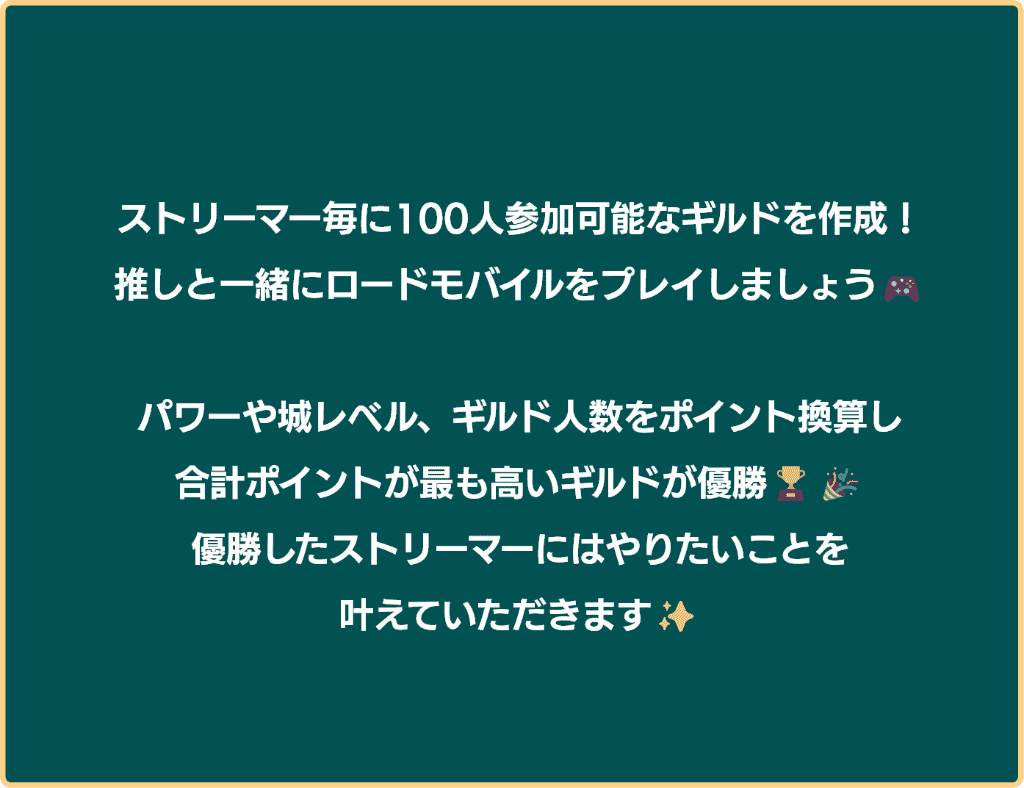 ストリーマー毎に100人参加可能なギルドを作成！推しと一緒にロードモバイルをプレイしましょう！パワーや城レベル、ギルド人数をポイント換算し合計ポイントが最も高いギルドが優勝！優勝したストリーマーにはやりたいことを叶えていただきます！